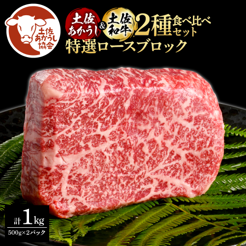土佐あかうし＆土佐和牛2種食べ比べ（500g×2パック）1キロ 1kg 特選ロースブロック 特選 ロース ブロック肉 牛肉 赤牛 和牛 国産 エイジングビーフ 天下味 エイジング工法 熟成肉 ギフト 1345687 - 高知県芸西村