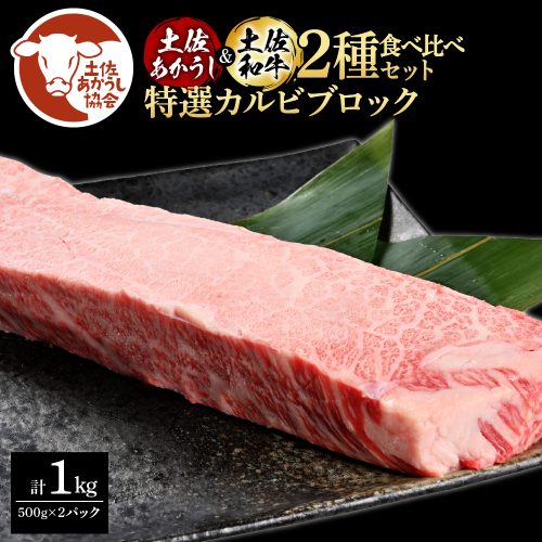 土佐あかうし＆土佐和牛2種食べ比べ（500g×2パック）1キロ 1kg 特選カルビブロック 特選 カルビ ブロック肉 牛肉 赤牛 和牛 国産 エイジングビーフ 天下味 エイジング工法 熟成肉 ギフト 1345689 - 高知県芸西村