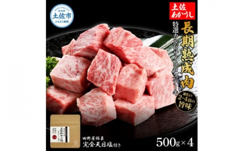 特選 カルビサイコロステーキ 土佐あかうし 長期熟成肉 500g×4 合計2kg 田野屋銀象 完全天日塩付き カルビ ステーキ 肉 お肉 和牛 牛肉 国産 牛 熟成肉 豪華 贅沢 真空パック 冷凍配送 1350509 - 高知県土佐市