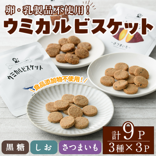 ウミカルビスケット(3種・各3パック) おやつ お菓子 ビスケット 黒糖 塩 さつまいも ウニ 殻 カルシウム セット 詰め合わせ【下園薩男商店】akn086-06 1350751 - 鹿児島県阿久根市
