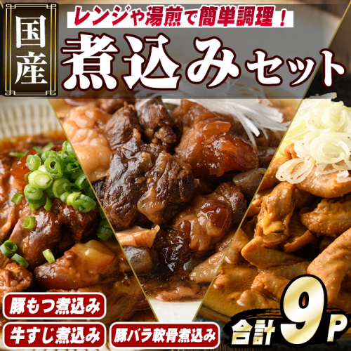 やわらか煮込み3種セット(合計9パック・各3パック) もつ 豚バラ 牛すじ 煮込み 大容量 小分け 国産 豚肉 モツ ホルモン おかず 簡単調理 煮込み料理 湯煎 レンジ パック【スターゼン】akn031-06 1352581 - 鹿児島県阿久根市