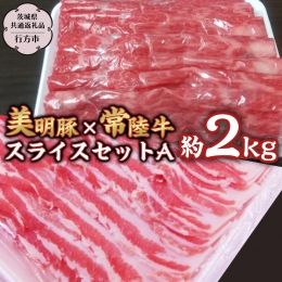 こちらの商品は【茨城県共通返礼品／行方市】です。 行方産ブランド豚「美明豚」のバラ肉と全国でもトップクラスの肉質と言われる茨城の誇る銘柄牛「常陸牛」のモモ肉を薄切りスライスにしてセットでお届けします。