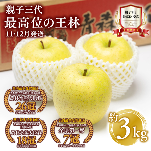 【11月・12月発送】  親子三代最高位の王林 約3kg【全国ふじコンテスト最高賞受賞農園・平川市広船産りんご】 1368686 - 青森県平川市
