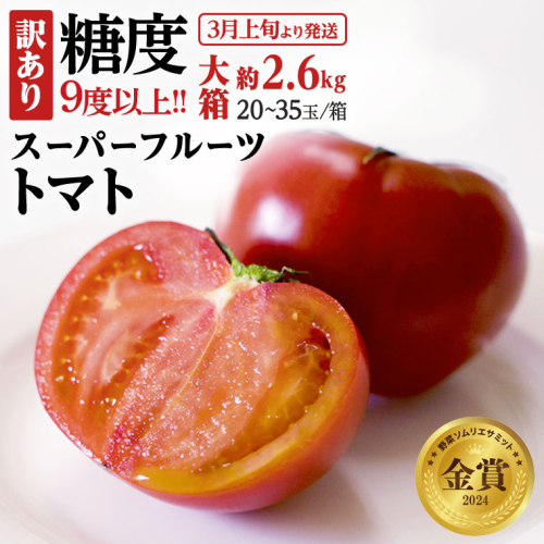 糖度9度以上 訳あり トマト 【 2025年収穫分 先行予約 】《訳あり》 スーパーフルーツトマト 大箱 約2.6kg×1箱（20～35玉）糖度9度以上 フルーツトマト トマト 2025年3月上旬発送開始 とまと 野菜 [BC038sa] 1373531 - 茨城県桜川市
