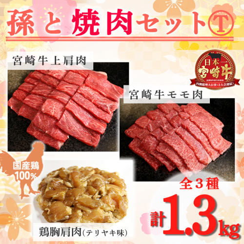 《内閣総理大臣賞受賞》孫と焼肉セットT「宮崎牛モモ肉と上肩肉&国産鶏肉 計1,300g」霧島山の麓で育んだ日本一おいしい黒毛和牛 内閣総理大臣賞4回連続受賞[赤身肉 牛肉 鶏肉 詰め合わせ A5ランク A4等級 照り焼き テリヤキ 1.3kg ワンストップオンライン対応 -宮崎県高原町] TF0577-P00012 1374787 - 宮崎県高原町