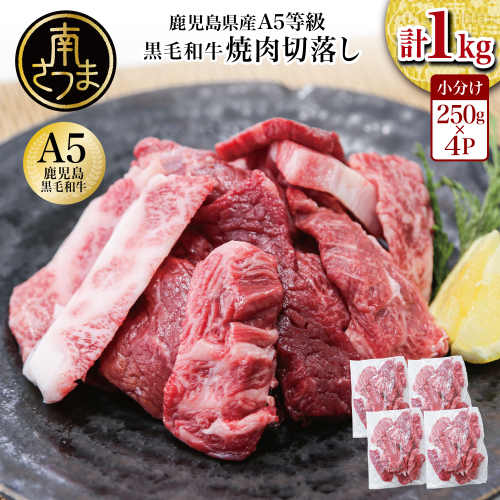 鹿児島県産 A5等級 黒毛和牛 焼肉 切り落とし 計1kg（250g×4P）国産牛 牛肉 和牛 国産 焼き肉 切落し おまかせ サイズ不揃い BBQ バーベキュー 小分けパック 冷凍 カミチク 南さつま市 1376640 - 鹿児島県南さつま市