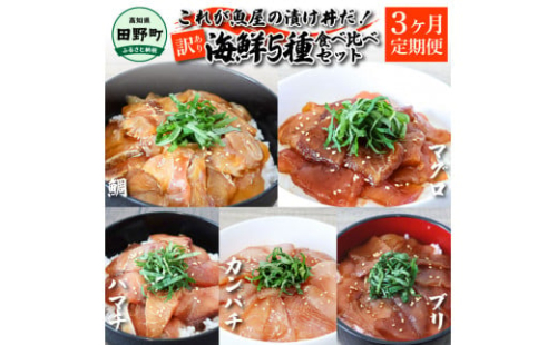 【ふるさと納税】これが魚屋の漬け丼だ！海鮮5種食べ比べセット 80g×10P 3ヶ月定期便 訳あり 鮪 マグロ ハマチ 鯛 タイ カンパチ ブリ 海鮮丼 おかず 惣菜 魚 魚介類 個包装 小分け 真空パック お取り寄せ 冷凍 配送 高知県 田野町 ふるさとのうぜい 故郷納税 返礼品 1381699 - 高知県田野町