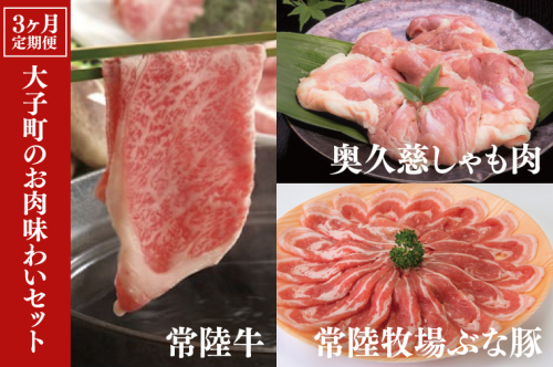 【3ヶ月定期便】大子町のお肉味わいセット 常陸牛(茨城県共通返礼品)・奥久慈しゃも肉・ぶな豚（ZZ001） 1386280 - 茨城県大子町