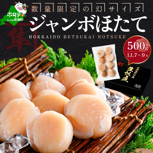 【数量限定】幻 サイズ 北海道 別海町 野付産 ジャンボ ほたて 冷凍 貝柱 500g （7～9玉前後）LLサイズ【KO0000002】 1389301 - 北海道別海町