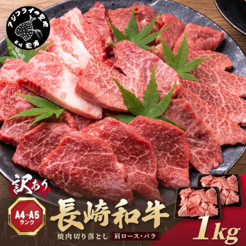 訳あり！【A4～A5】長崎和牛焼肉切り落とし(肩ロース・バラ)1kg(500g×2P)【B8-017】牛肉 おすすめ 長崎和牛 バーベキュー 焼肉 切り落とし 冷凍 国産 送料無料 1389914 - 長崎県松浦市