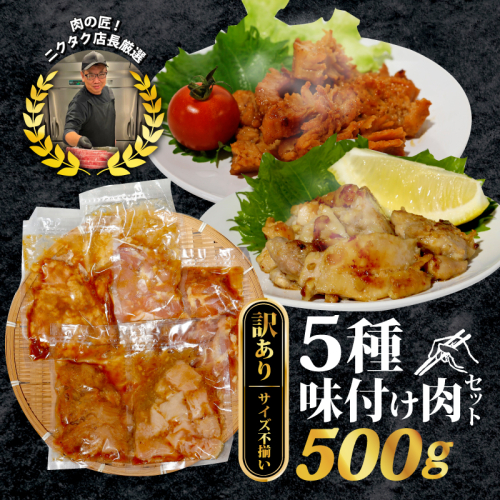 【訳あり】 味付け肉 5種類 セット 500g 特製つけだれ 味付け肉 漬け込み肉 お手軽焼肉 今夜の一品 焼くだけ てっちゃん みそ味 とりもも 塩だれ味 ミノ 牛肉 鶏肉 食べ比べセット 1390203 - 京都府舞鶴市