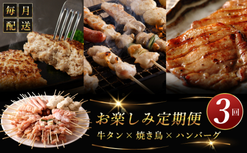 桜文 お楽しみ 定期便 全3回（焼き鳥／牛タン／黒毛和牛入り BIGハンバーグ）【毎月配送コース】 G1060 1390640 - 大阪府泉佐野市