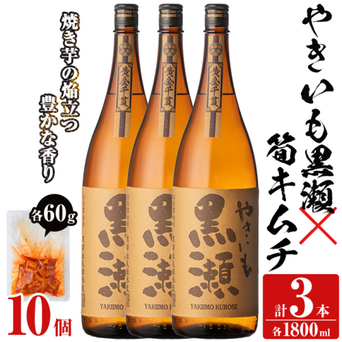 「やきいも黒瀬」(3本)と焼酎の肴に「筍キムチ」(10個)セット 本格芋焼酎 いも焼酎 お酒 焼き芋 たけのこ タケノコ キムチ アルコール 一升瓶 おつまみ 晩酌【齊藤商店】akn020-19 1390945 - 鹿児島県阿久根市