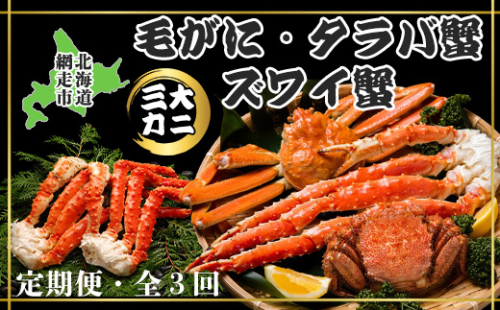 【毎月定期便】3大蟹「毛蟹・タラバ蟹・ズワイ蟹」お届け全3回 ABAO078 1398002 - 北海道網走市