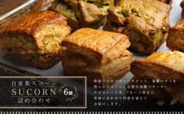季節ごとのフルーツやナッツ、発酵バターを使ったスコーン6個セット 定番の発酵バターや、チョコレート系、フルーツ系などを季節に合わせて内容を変えてお届けします。 レストラン併設の焼き菓子工房から、人気の