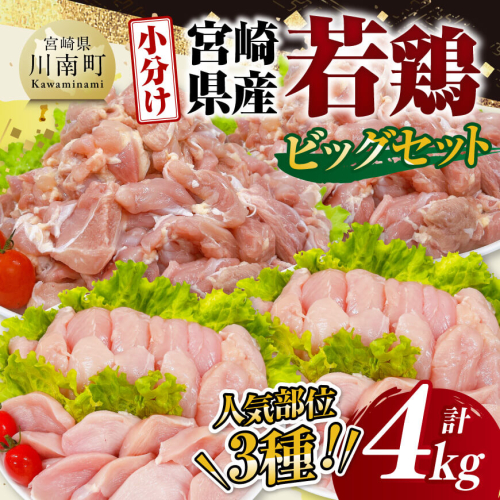 【 小分け 】 宮崎県産 若鶏 4kg ビッグ セット 【 もも むね ささみ セット 鶏肉 とり肉 ごはん 料理 大容量 】 1413002 - 宮崎県川南町