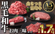 s598 鹿児島県産 北さつま高崎牛 お肉三昧セット (合計約1.7kg ・ステーキ300g×1枚 、すき焼き用 200g、焼き肉用200g、切り落とし200g×5 )黒毛和牛 A5ランク A5 雌牛 ステーキ サーロイン 焼き肉 焼肉 BBQ バーベキュー  すきやき すき焼 牛肉 お肉  真空パック【太田家】