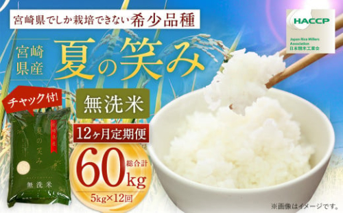 ＜【12ヶ月定期便】令和6年産 宮崎県産 夏の笑み（無洗米）5kg＞お申込みの翌月中旬以降に第1回目発送（8月は下旬頃） 米 夏の笑み 無洗米 精米 希少 品種 白米 お米 ご飯 宮崎県産 1413734 - 宮崎県高鍋町