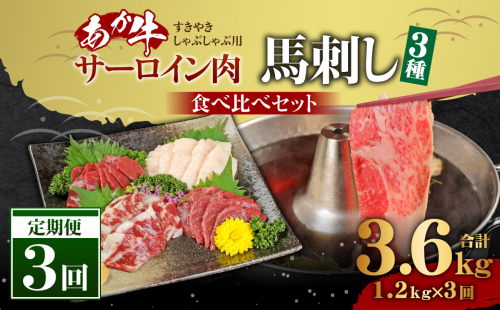 【定期便 3ヶ月】あか牛すきやき・しゃぶしゃぶ用サーロイン肉1kg 馬刺し200g セット 合計 約3.6kg 1414997 - 熊本県益城町