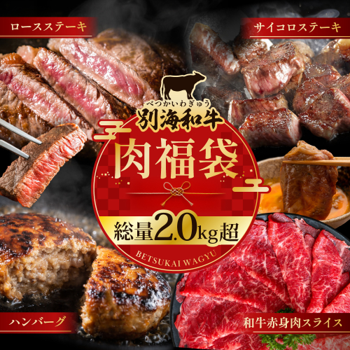 北海道 別海町 別海和牛 肉 福袋 総量 2.0kg超（別海和牛赤身肉スライス：500g（250g×2P） ハンバーグ980g（140g×7個） サイコロステーキ500g ロースステーキ500g）【FF0000047】 1421100 - 北海道別海町
