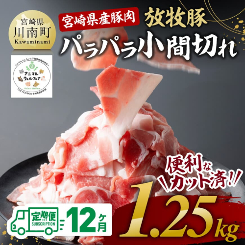 【12ヶ月定期便】宮崎県産豚肉放牧豚パラパラ小間切れ1.25kg【 豚肉 豚 肉 小間切れ 細切れ 炒め物 全12回 】 1440240 - 宮崎県川南町