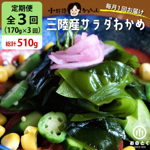 【2つの食感】3回 定期便 三陸産 サラダわかめ 170g ×3回 総計 510g [小野徳 宮城県 気仙沼市 20565588] 海藻 ワカメ わかめ 若布 塩蔵わかめ 塩蔵 コリコリ シャキシャキ 冷蔵 144222 - 宮城県気仙沼市