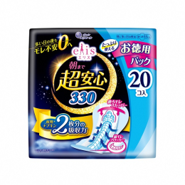 ●夜用ナプキン２枚分※の吸収力で、多い日の夜もモレ不安０へ。 ●新開発「後ろモレストッパー」経血をせき止めて後ろ側のモレをブロック。 ●厚手でしっかりフィットの吸収体。排血口部にフィット＆スリットで身