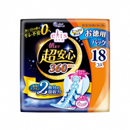 ●夜用ナプキン２枚分※の吸収力で、多い日の夜もモレ不安０へ。 ●新開発「後ろモレストッパー」経血をせき止めて後ろ側のモレをブロック。 ●厚手でしっかりフィットの吸収体。排血口部にフィット＆スリットで身
