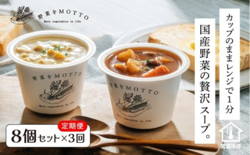 【定期便 3ヶ月】レンジで1分 野菜をMOTTO スープ 8個 セット レトルト インスタント 国産 ダイエット ベジMOTTOスープ  具だくさん 時短 手軽 野菜スープ 人気 おすすめ 定期注文 すーぷ 静岡県 静岡市 贅沢スープ 日本産 送料無料 ヘルシースープ 常温保存 1452609 - 静岡県静岡市