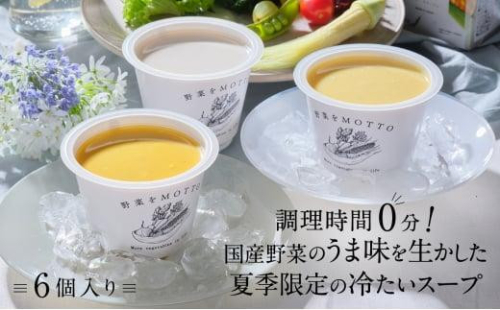 【夏季限定・無くなり次第終了】レンジで1分 野菜をMOTTO 冷たいスープ 6個セット（ポタージュ：じゃがいも・コーン・かぼちゃ 各2個）レトルト インスタント 国産 ダイエット ベジMOTTOスープ  具だくさん 時短 手軽 1452757 - 静岡県静岡市