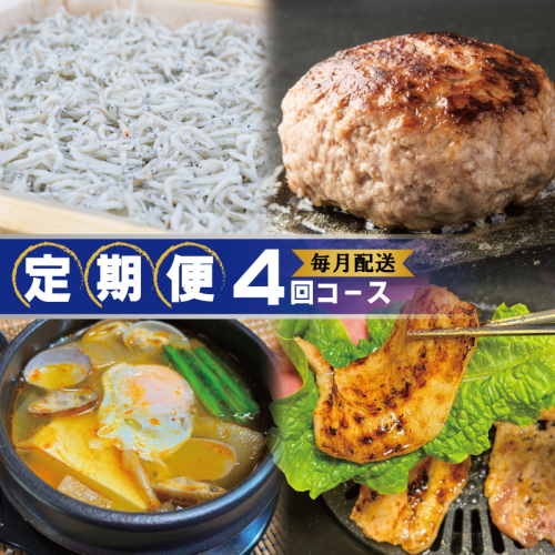 店主セレクト 食べ比べ 定期便 全4回（ハンバーグ／しらす／スンドゥブチゲ／サムギョプサル）【毎月配送コース】 099Z497 1454045 - 大阪府泉佐野市