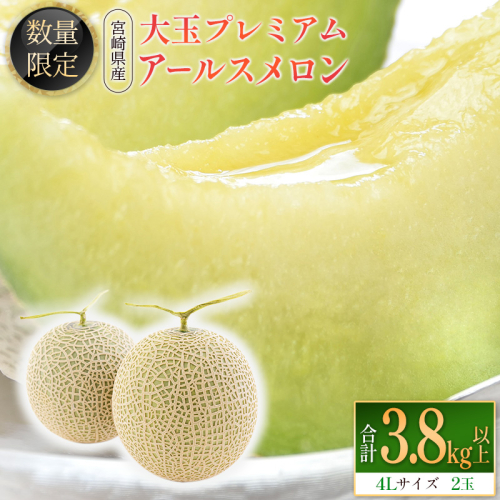 ＜数量限定＞大玉プレミアムアールスメロン 4L2玉 秀品 計3.8kg以上 先行予約 国産 宮崎県産 ※2025年11月〜12月の期間内に出荷【C331-01】 145795 - 宮崎県新富町