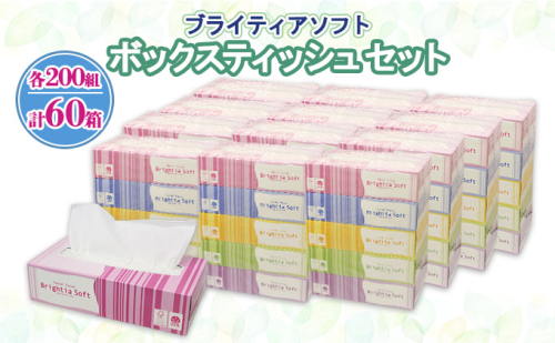 ブライティア ソフト ボックスティッシュ 200組 400枚 60箱 日本製 まとめ買い 日用雑貨 消耗品 生活必需品 備蓄 リサイクル ティッシュ ペーパー 倶知安町 1461826 - 北海道倶知安町