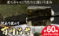 海苔 のり 焼海苔 有明海産 訳あり 有明海苔 焼のり 有明海産 計60枚 (全形5枚×12袋) 送料無料 パリパリ 有明海産《30日以内に出荷予定(土日祝除く)》ご飯のお供 福岡県 鞍手郡 鞍手町 送料無料