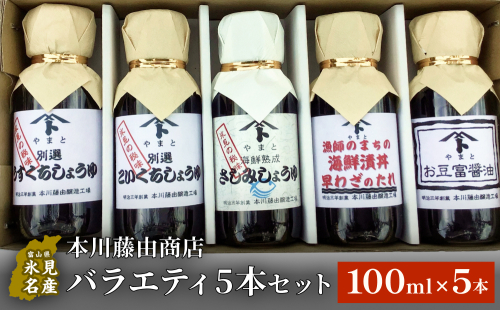 本川藤由商店 バラエティ5本セット 本川藤由商店　バラエティ5本セット（海鮮熟成さしみしょうゆ・別選こいくち・別選うすくち・海鮮丼漬早わざのたれ・豆富醤油） 富山県 氷見市 醤油 調味料 詰め合わせ 1463104 - 富山県氷見市