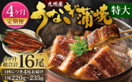 【4ヶ月定期便】九州産 うなぎ 蒲焼 特大4尾 (1尾あたり220～235g)  合計16尾 たれ 山椒 鰻 ウナギ 蒲焼き 国産 冷凍 鹿児島、宮崎、熊本等産うなぎ原料使用