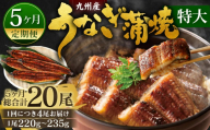 【5ヶ月定期便】九州産 うなぎ蒲焼 特大4尾 (1尾あたり220～235g)  合計20尾 たれ 山椒 鰻 ウナギ 蒲焼き 国産 冷凍 鹿児島、宮崎、熊本等産うなぎ原料使用