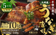 【5ヶ月定期便】九州産 手焼き炭火 うなぎ蒲焼 2尾（1尾あたり120～149g） 合計10尾 たれ 山椒 鰻 蒲焼き 冷凍 国産 送料無料 鹿児島、宮崎、熊本等産うなぎ原料使用