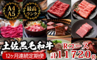 【12回定期便】土佐黒毛和牛 食べ比べ 11720g (計11kg以上) | Rコース 厳選 国産 和牛 すき焼き しゃぶしゃぶ ステーキ 焼き肉 お肉 にく 霜降り 牛肉 ウデ肉 うで肉 モモ肉 もも肉 サーロイン リブロース 人気 贈答 ギフト プレゼント 小分け 数量限定 12ヵ月 頒布会 老舗 たけうちミート 高知県 須崎市 TM20000