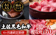 【4回定期便】土佐黒毛和牛 食べ比べ 3460g (計3kg以上) | Pコース 厳選 国産 和牛 すき焼き しゃぶしゃぶ ステーキ 焼き肉 お肉 にく 霜降り 牛肉 ウデ肉 うで肉 モモ肉 もも肉 サーロイン リブロース 人気 贈答 ギフト プレゼント 小分け 数量限定 4ヵ月 頒布会 老舗 たけうちミート 高知県 須崎市 TM18000