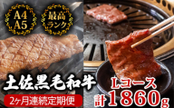 【2回定期便】土佐黒毛和牛 食べ比べ 1860g (計1.8kg以上) | Lコース 厳選 国産 和牛 焼き肉 ステーキ お肉 にく 霜降り 牛肉 モモ肉 もも肉 サーロイン 人気 贈答 ギフト プレゼント 小分け 数量限定 2ヵ月 頒布会 老舗 たけうちミート 高知県 須崎市 TM14000