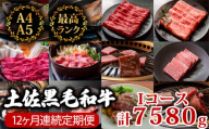 【12回定期便】土佐黒毛和牛 食べ比べ 7580g (計7.5kg以上) | Iコース 厳選 国産 和牛 すき焼き しゃぶしゃぶ ステーキ 焼き肉 お肉 にく 霜降り 牛肉 ウデ肉 うで肉 モモ肉 もも肉 サーロイン リブロース 人気 贈答 ギフト プレゼント 小分け 数量限定 12ヵ月 頒布会 老舗 たけうちミート 高知県 須崎市 TM11000