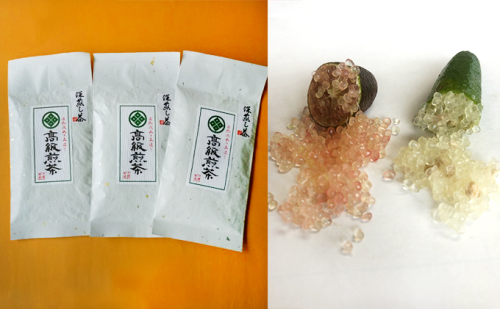 森のキャビアとも呼ばれるオーストラリア原産の柑橘類「フィンガーライム」100gと森の深蒸し茶「高級煎茶」100g袋入り3袋セット 146505 - 静岡県森町