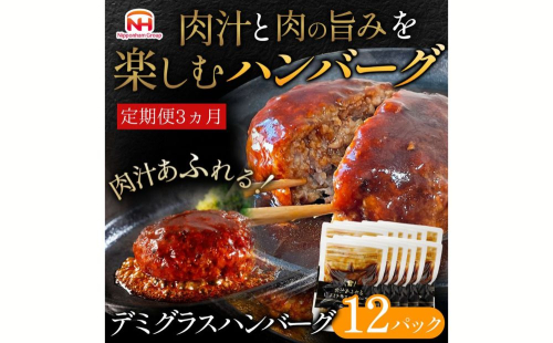 【定期便】肉汁あふれるデミグラスハンバーグ12個入　3ヶ月定期便　日ハム 冷凍 個食 使い切り 1472555 - 茨城県常総市