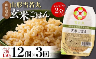 FYN9-979 [定期便3回]山形県産 雪若丸 玄米ごはん パックご飯 12個セット×3回 玄米 パックライス パック ごはん ライス こめ 米 ゆきわかまる ブランド米 簡単 手軽 時短 保存食 備蓄 山形県 西川町 月山