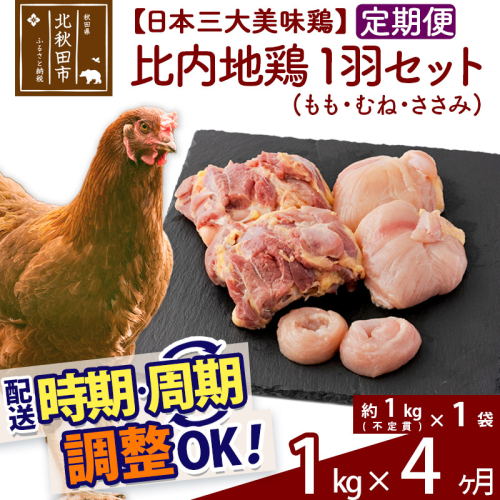 《定期便4ヶ月》 比内地鶏 1羽セット（もも・むね・ささみ） 約1kg（約1kg（不定貫）×1袋）×4回 計4kg 時期選べる お届け周期調整可能 4か月 4ヵ月 4カ月 4ケ月 4キロ 国産 冷凍 正肉 鶏肉 鳥肉 1483287 - 秋田県北秋田市