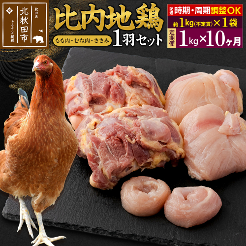 《定期便10ヶ月》 比内地鶏 1羽セット（もも肉・むね肉・ささみ）約1kg（約1kg（不定貫）×1袋）×10回 計10kg 時期選べる お届け周期調整可能 10か月 10ヵ月 10カ月 10ケ月 10キロ 国産 冷凍 正肉 鶏肉 鳥肉 1483292 - 秋田県北秋田市