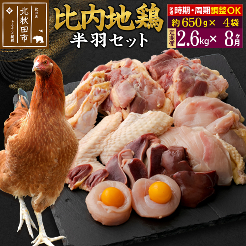 《定期便8ヶ月》 比内地鶏 鶏肉セット（半羽） 2.6kg（650g×4袋）×8回 計20.8kg 時期選べる お届け周期調整可能 8か月 8ヵ月 8カ月 8ケ月 20.8キロ 国産 冷凍 鶏肉 鳥肉 とり肉 1483365 - 秋田県北秋田市