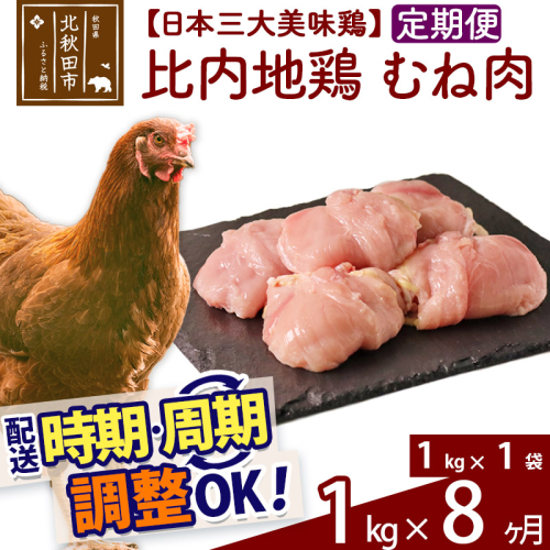 《定期便8ヶ月》 比内地鶏 むね肉 1kg（1kg×1袋）×8回 計8kg 時期選べる お届け周期調整可能 8か月 8ヵ月 8カ月 8ケ月 8キロ 国産 冷凍 鶏肉 鳥肉 とり肉 ムネ肉 1483431 - 秋田県北秋田市