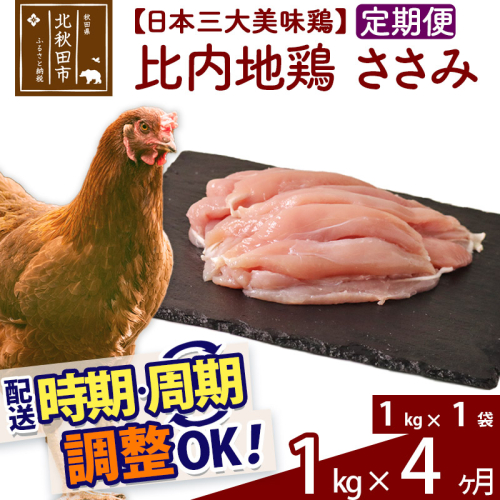 《定期便4ヶ月》 比内地鶏 ささみ 1kg（1kg×1袋）×4回 計4kg 時期選べる お届け周期調整可能 4か月 4ヵ月 4カ月 4ケ月 4キロ 国産 冷凍 鶏肉 鳥肉 とり肉 ササミ 1483475 - 秋田県北秋田市